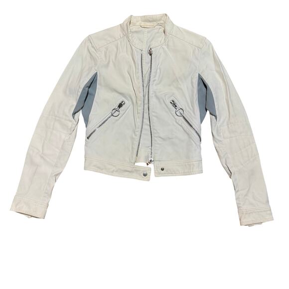 Prada Y2K early 2000’s RARE denim biker jacket, Sz4/S, White, Sky Blue, Red - Picture 2 of 9